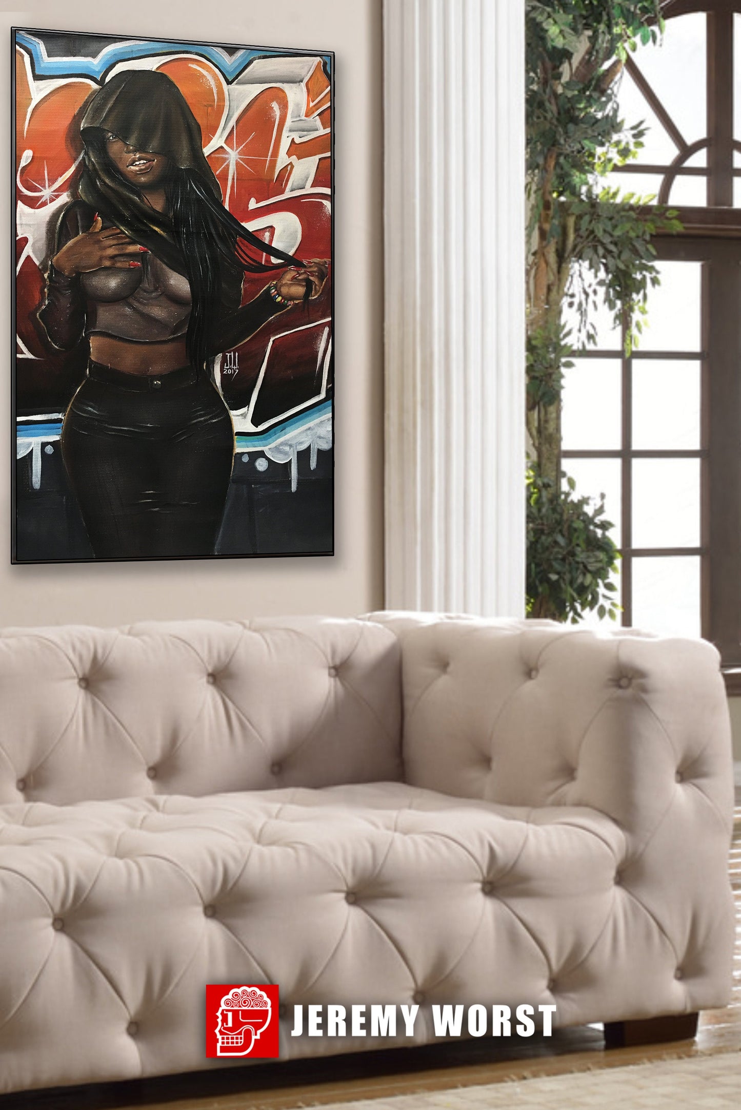 JEREMY WORST "Scarf" Sexy African American Graffiti Urban Street Art Hero Woman Nubian Queen Black Girl Canvas wall NSFW Decor Poster Hair