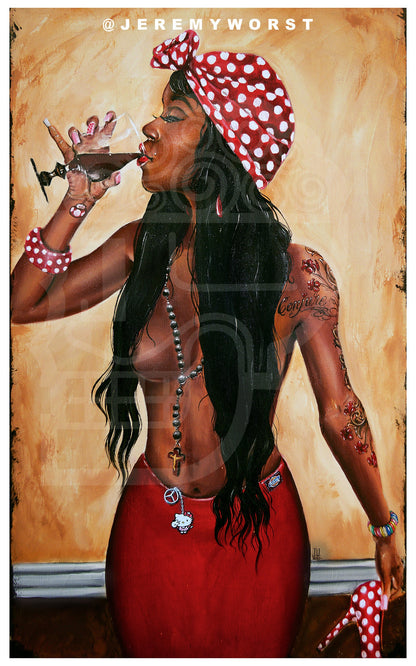 JEREMY WORST Conjure African Nubian queen Drinking wine Whiskey bourbon woman nude naked Sexy Girl Canvas wall Art NSFW urban Decor abstract