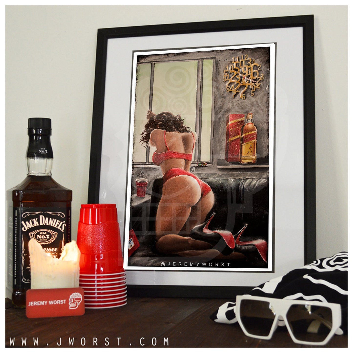 JEREMY WORST On Sight Johnnie Walker Red Label Whiskey Canvas Wall Art Print Poster Decanter Nsfw Nude Gifts for him her Sexy Painting Decor