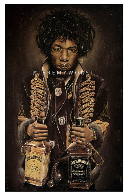 JEREMY WORST "Jimi's Jack" Hendrix Artwork Signed Canvas Wall Art Poster Print poster rare Honey Whiskey Bottle liter