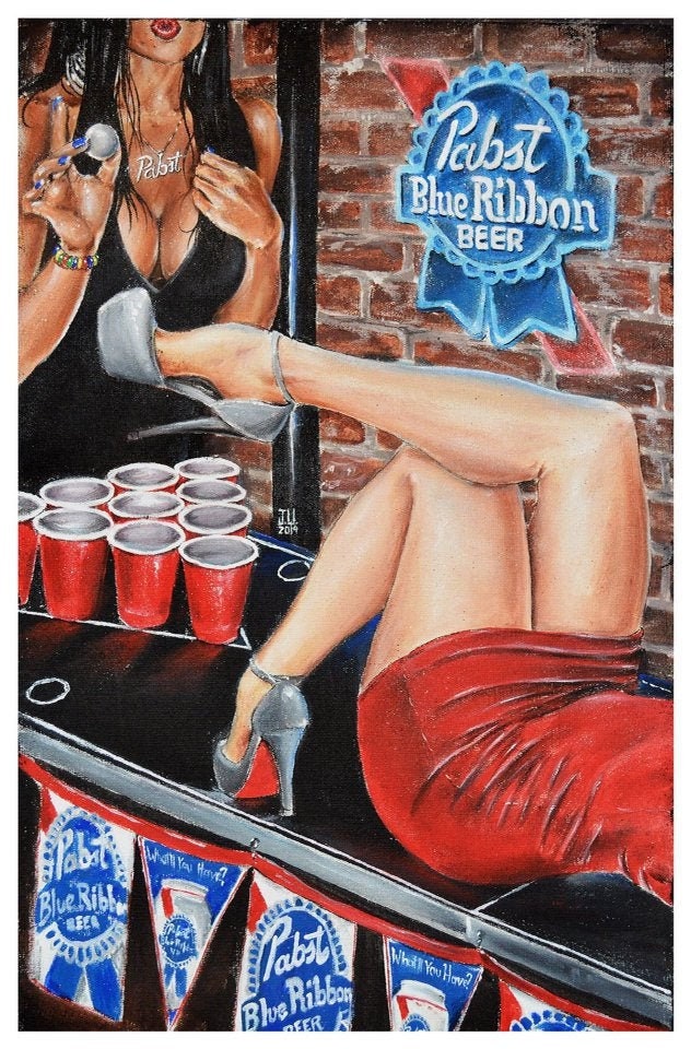 PBR Beer Pong BAR Wall Art Canvas Print Painting Poster Decor Gifts pornhub NSFW mug sexy lady pabst blue ribbon Public sign cover glass