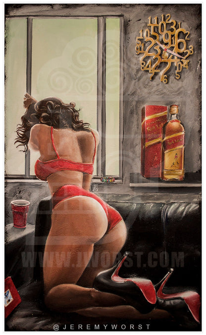 JEREMY WORST On Sight Johnnie Walker Red Label Whiskey Canvas Wall Art Print Poster Decanter Nsfw Nude Gifts for him her Sexy Painting Decor