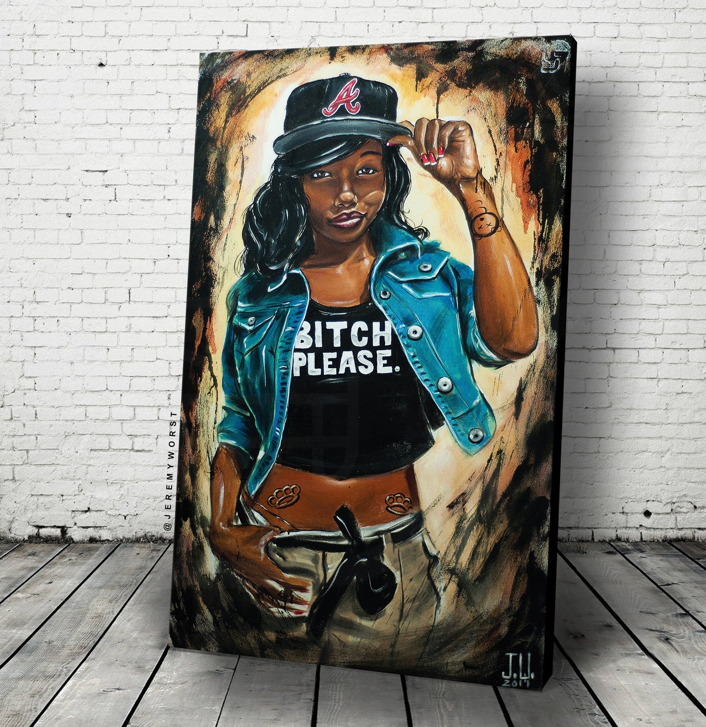 NEW JEREMY WORST Bitch Please Pretty African Girl Woman urban painting Artwork Atlanta braves baseball  Tattoo abstract jewelry art acrylic