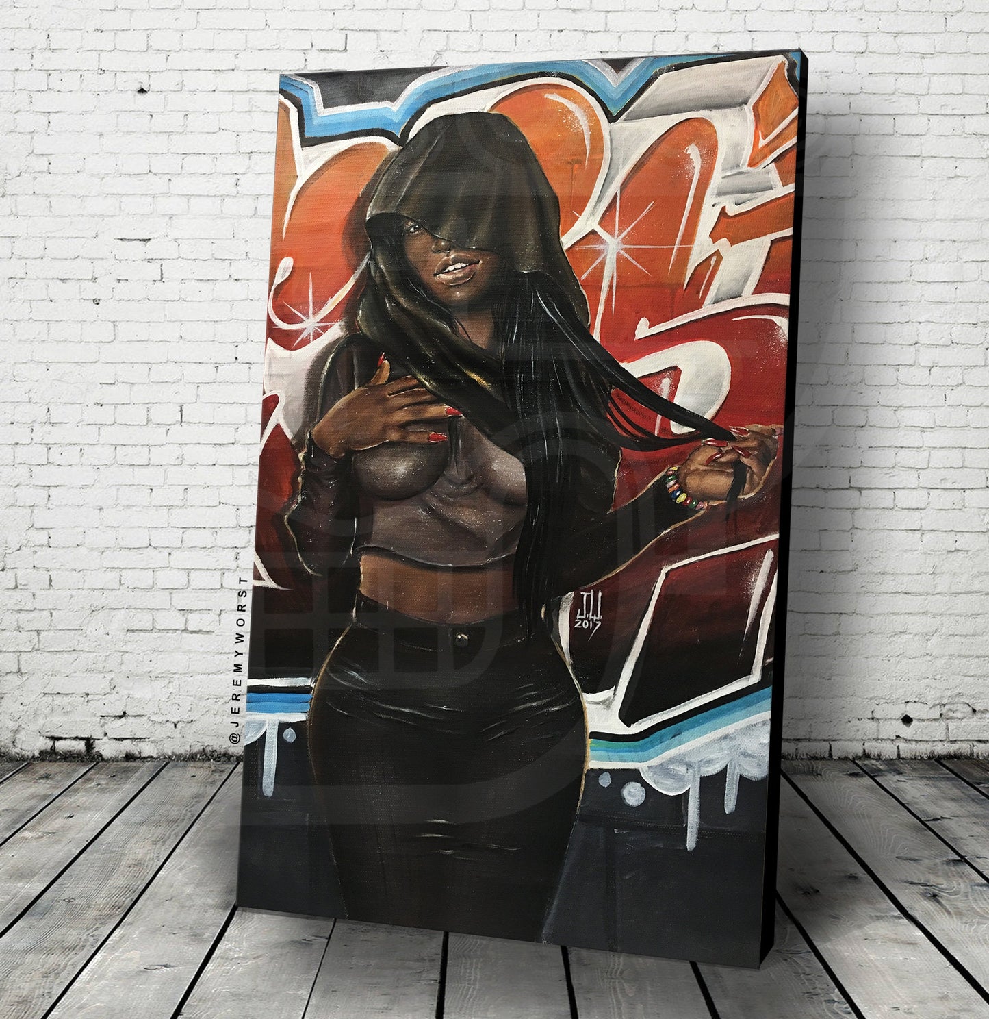 JEREMY WORST "Scarf" Sexy African American Graffiti Urban Street Art Hero Woman Nubian Queen Black Girl Canvas wall NSFW Decor Poster Hair