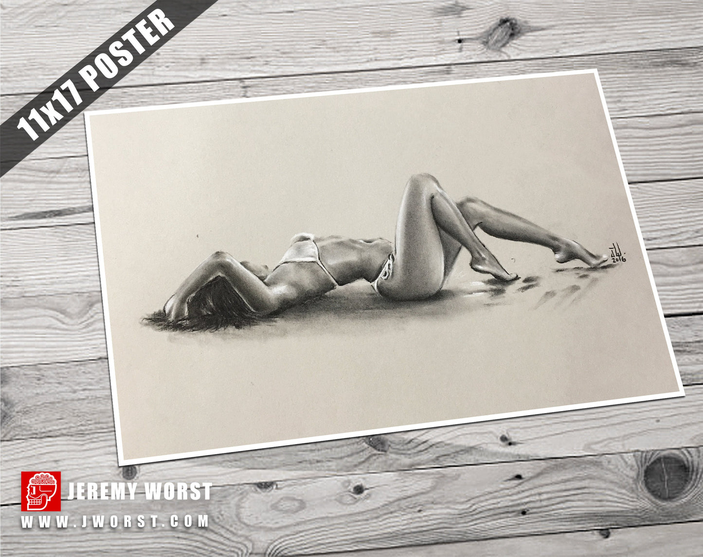 JEREMY WORST " Beach 2016" Seductive woman on beach sexy sketch model lying down laying relaxing look profile artwork wall decor wall art